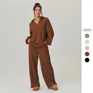 Women's Slouchy Solid Color V-Neck Loose Textured Pullover & Drawstring Waist Trousers Co-ord, Minimalist Two Piece Outfits, Soft Womenswear