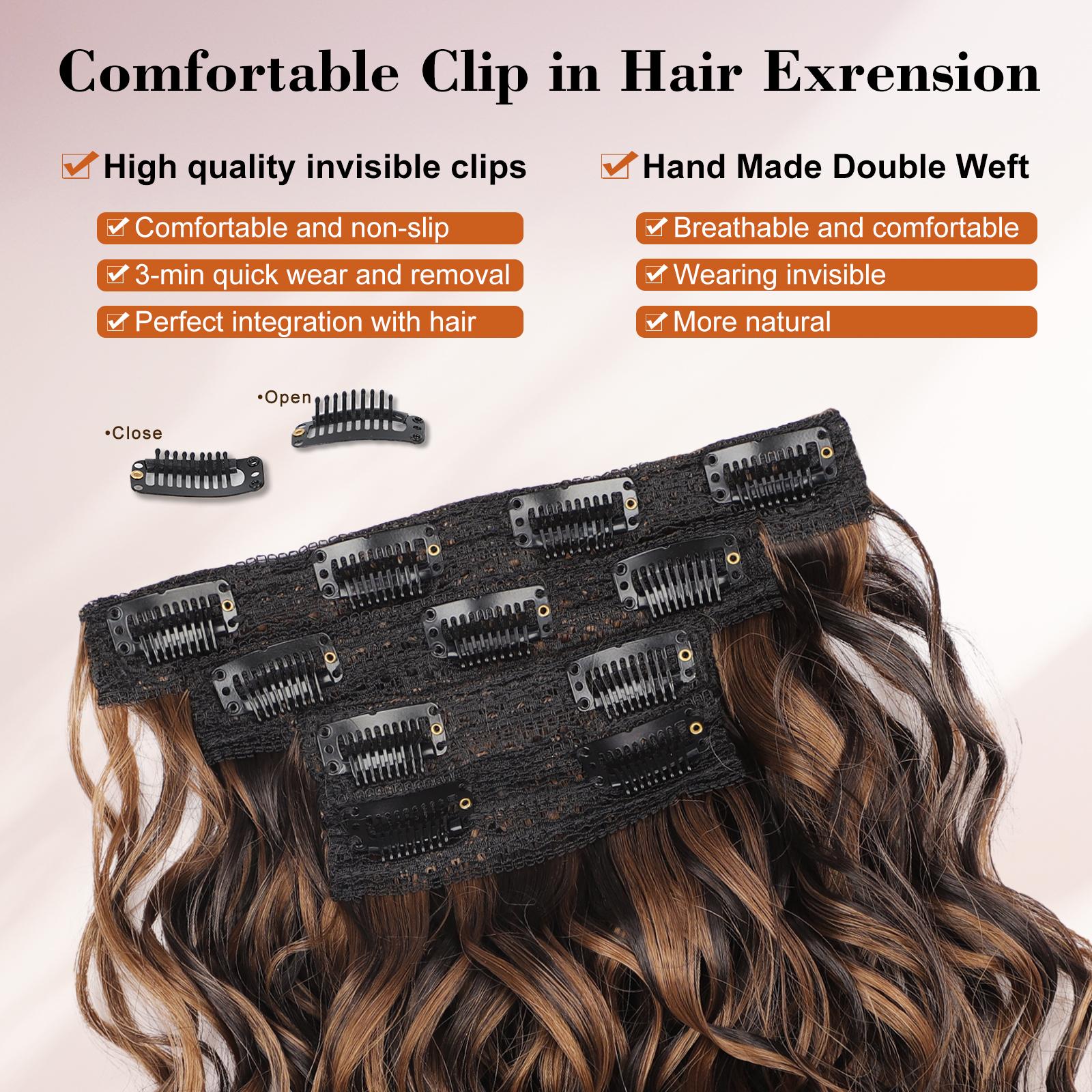Curly Hair Extensions,16Inch Clip in Hair Extensions 4Pcs Short Soft Natural Hairpiece Lace Weft Curly Wave Clip Ins Extensions Invisible for Women Daily Use,Chocolate Brown with Dark Brown