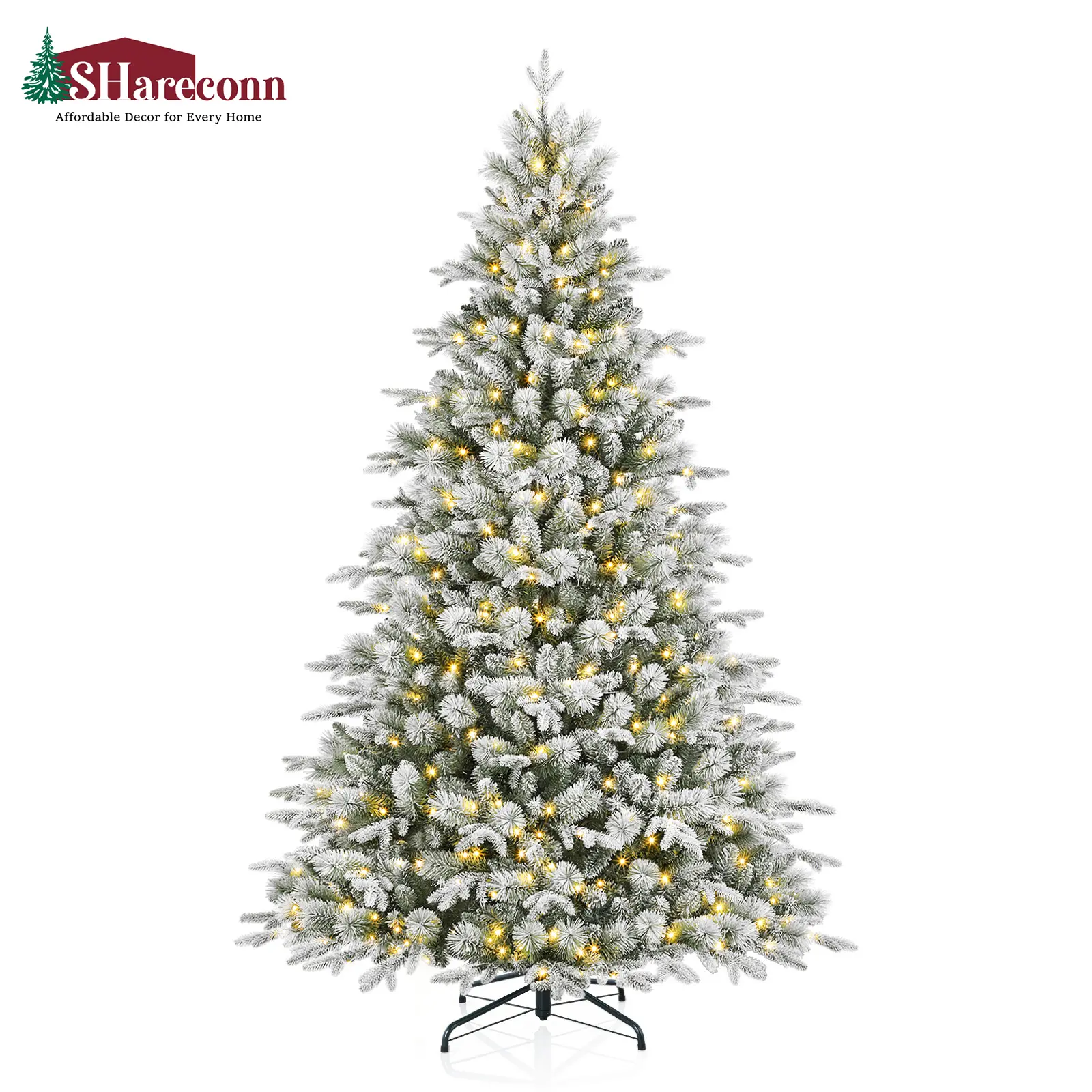 SHareconn 7.5FT Trunk-Powered Full-Lit Flocked Princess Pine Christmas Tree - 500 Pre-Lit Clear Twinkle Lights, 3338 Lifelike Tips for Home Holiday Decor