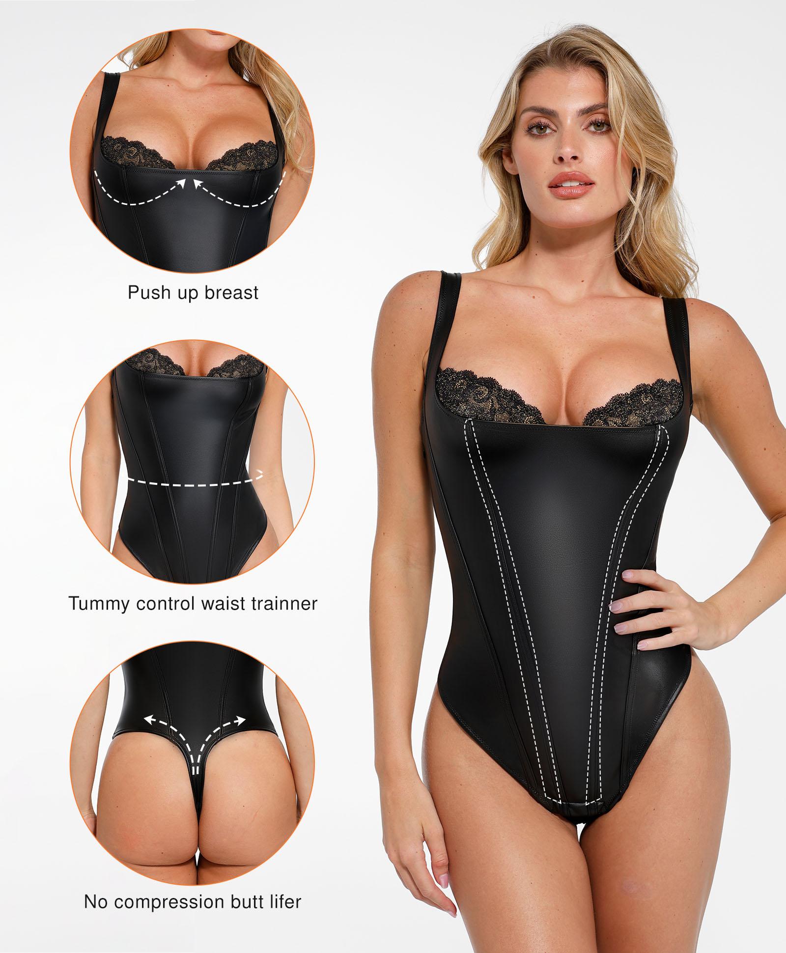 【Runs Small】Popilush Basic Faux Leather Corset Top Supportive Shapewear Bodysuit Lingerie Lace Trim Tummy Control Bustier Sleeveless Womenswear Summervibe 【Runs Small】Popilush Basic Faux Leather Corset Top Supportive Shapewear Bodysuit Lingerie Lace Trim Tummy Control Bustier Sleeveless Womenswear Summervibe