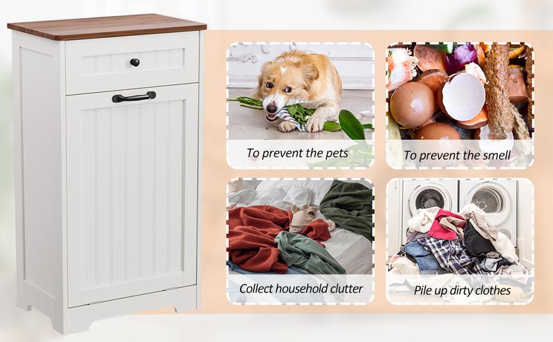 【Does Not Include Trash Can】 Dragosum Tilt-Out Hidden Trash Can Cabinet 10 Gallon, Wooden Kitchen Trash Bin Pet Proof & Odor Control, Recessed or Freestanding for Kitchen Pantry Living Room