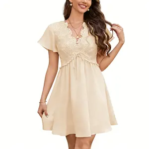 Florboom Women's Floral Lace Boho Deep V Neck Mini Dress Flutter Short Sleeve A-Line Flowy Dresses