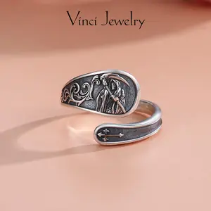 925 Unique Gothic Open Ring with Grim Reaper Pattern, Retro Roses and Cross Element, Drak and Vintage Adjustable Thumb Ring, Unisex Spirituality Jewelry Perfect Gift for Christmas, Valentine's Day, Birthday, for Daily Wear and Party