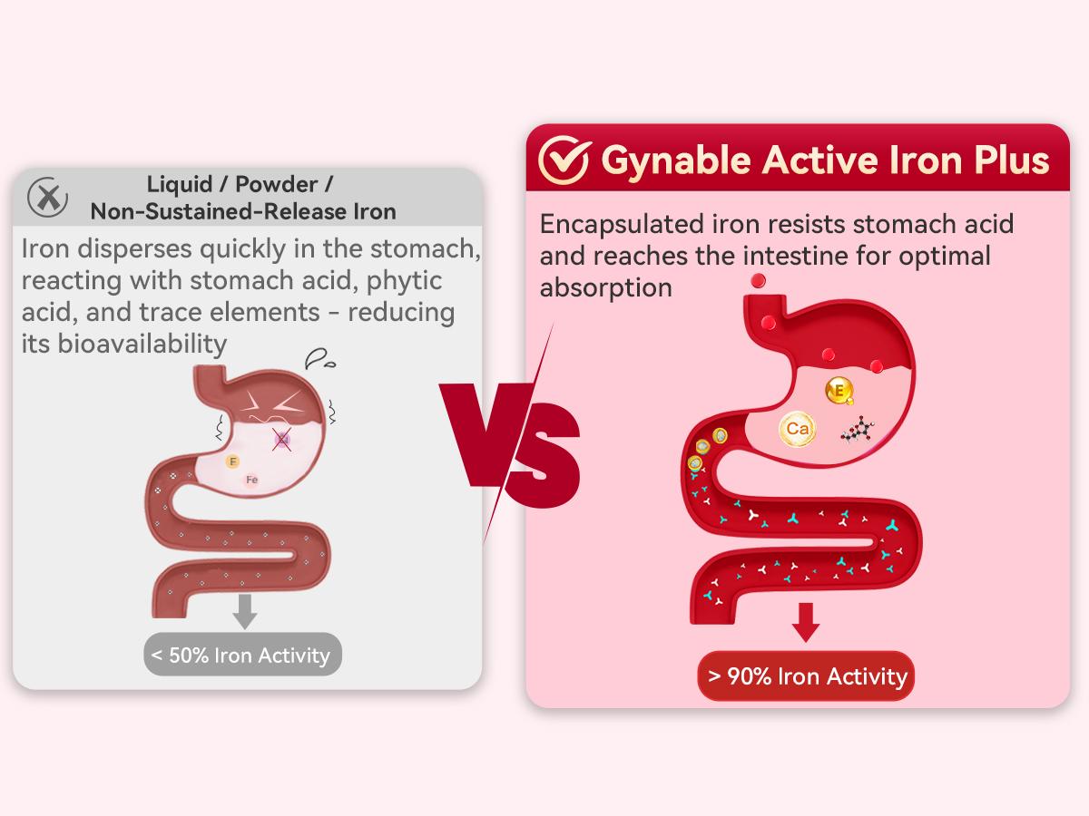 Gynable Iron Supplement for Women, 18mg SunActive Slow Fe, 80mg Vitamin C, B6 B12 Folate, Supports Blood Health for Pre-Conception, Pregnancy & Lactation, 20 Counts,Slow Release Iron Pills for Anemia & Blood Health