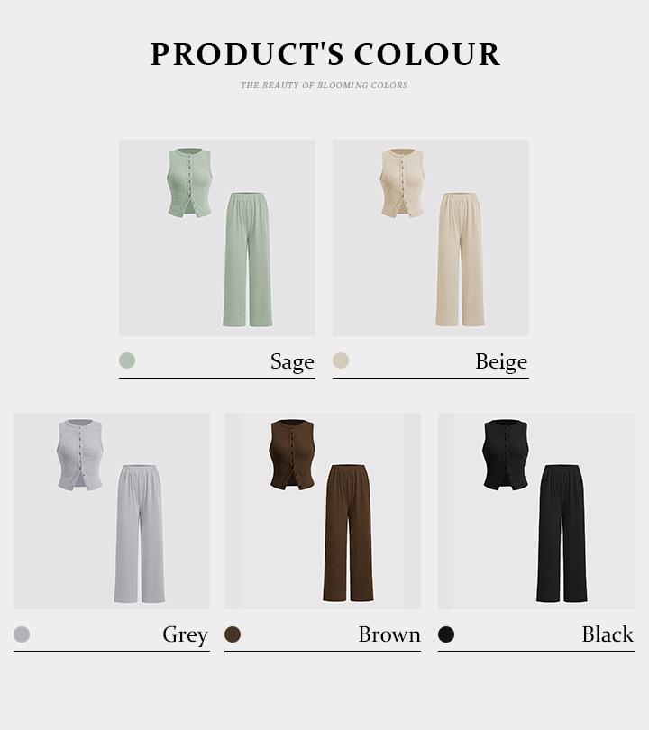 KatchMe Women's Casual Solid Color Sleeveless Button-Up Tank Top & Wide Leg Trousers Co-ord, Minimalist Two Piece Outfits, Comfort Basic Co-ord Set(US)