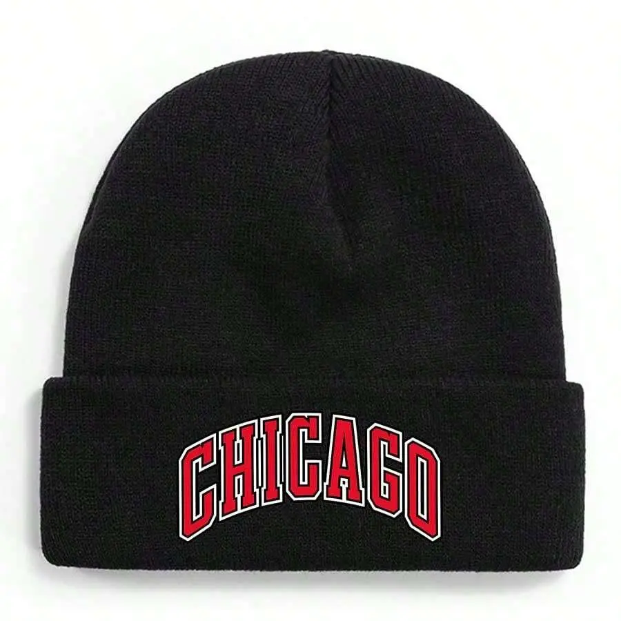 Unisex Chicago Letters Acrylic Beanie - OneSize Fitted, Unisex Fit, Heat-Insulating, Soft, Breathable, Skin-Friendly, Stretchable, Universal Sport Use, Hand Wash Only, Dry in Shade