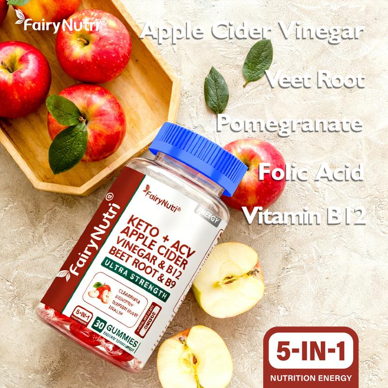 FairyNutri Keto + ACV Gummies, 5-in-1 Apple Cider Vinegar Gummies with Beet Root, Pomegranate, Vitamin B12 & B9, Supports Gut Health, Detox & Energy, 500mg ACV, 30 Gummies