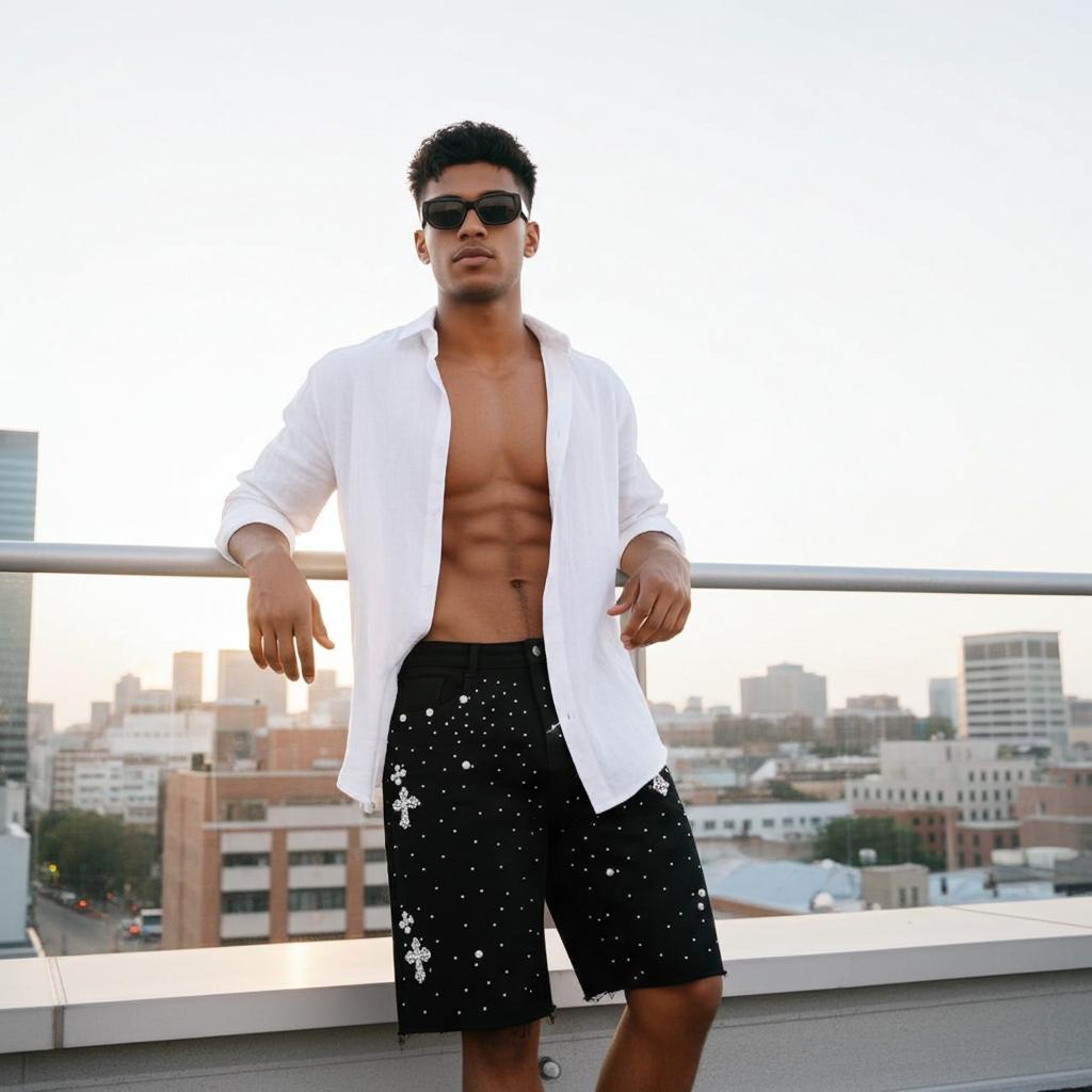 Sopula Studio Men's Hiphop Cross Hot Diamond Jorts Denim Shorts Streetwear Pocket SpringStatements