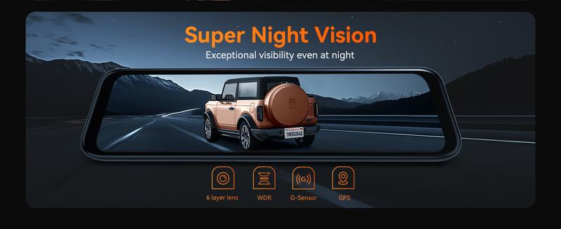 WOLFBOX G840H 12'' Mirror with WiFi Front and Rear Dash Cam - 24 Hours Recording, 1440P, 32GB Card Included, GPS Module, 1080P Backup Camera, 11.5ft Car Charger, 20 ft Cable TikTokShopHolidayHaul