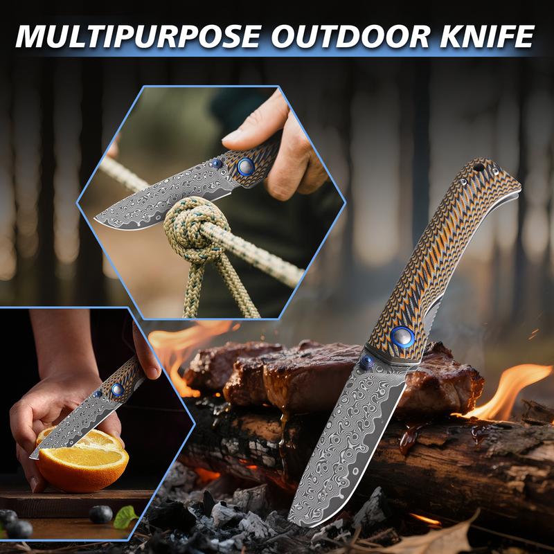A two-tone G10 Winged Dart folding knife featuring a large Damascus-forged blade—sharp for cutting, portable and durable—ideal for outdoor camping, barbecues, and fishing; collectible grade, an ideal choice for outdoor enthusiasts and as a holiday gift.