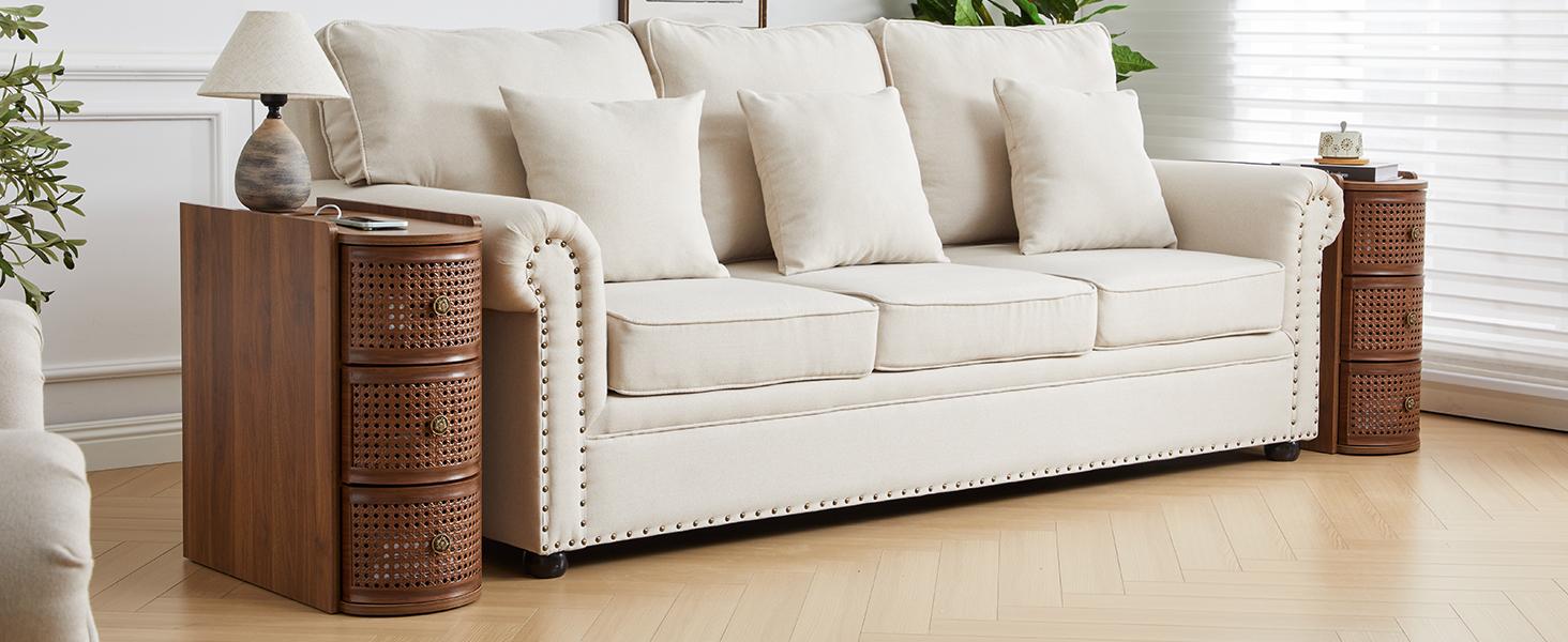 Giratree Metal Rattan Narrow End Table with Charging Station, Black Side Table with Drawers Storage, Small Night Stand with Power Outlets and USB Ports, Sofa Side Table for Living Room