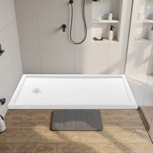 Shower Pan 60" L X 36" W Single Threshold Base, Rectangular Acrylic And PVC Shower Pan In White, Slip-Resistant Waterproof Base With Drain And Cover, Left Drain Location, Durable Installation For Bathroom Renovation And Remodeling