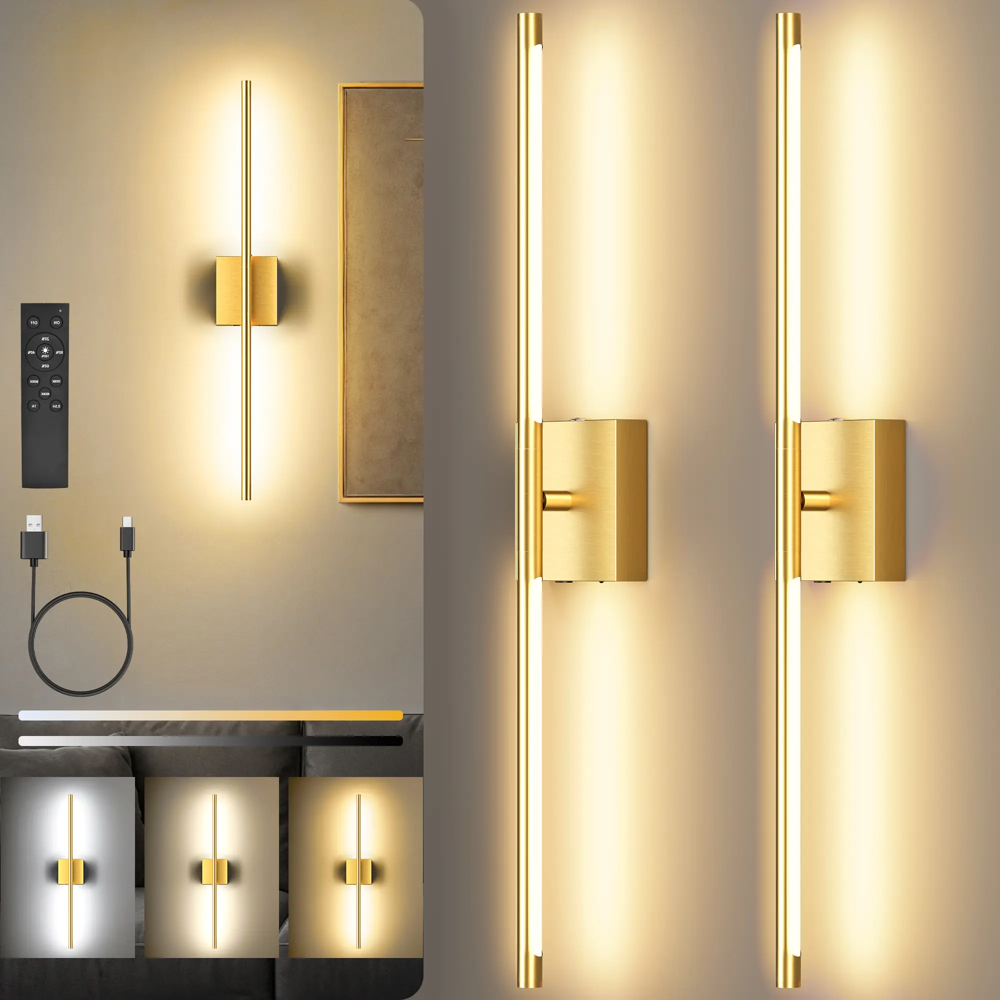 【Summervibes】Battery Operated Wall Lights Set of Two, 【Non-Removable Battery】10000mAH Rechargeable Wall Lamps with Remote Control, Dimmable Gold/Black LED Wireless Wall Sconces for Bedroom, Living Room, Hallway, Dining Room, 360° Rotate 3CCT