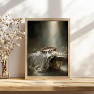 He Is Risen - Resurrection Christian Wall Art, Empty Tomb Crown of Thorns, Easter Faith Art, Neutral Christian Decor Unframed