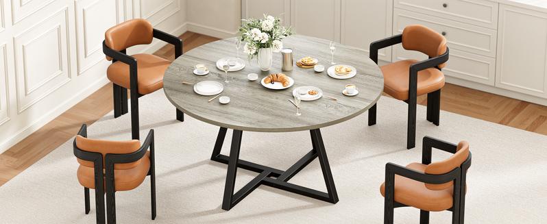IRONCK 51" Round Dining Table for 6, Wood Kitchen Table with Metal Base, Space Saving Industrial Circle Dinner Table for Kitchen Dining Room