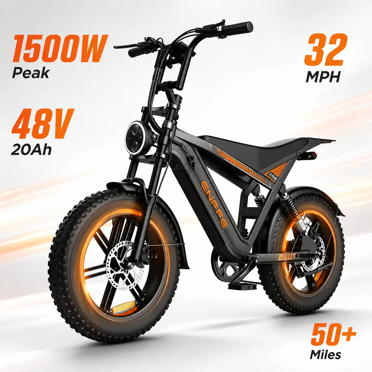 Fat Tire Electric Bike, 1500W Motor, 48V 20Ah Battery, 32 mph Top Speed, 50-70 Mi Range, Dual Suspension, Color Display, Turn Signals & Brake Lights