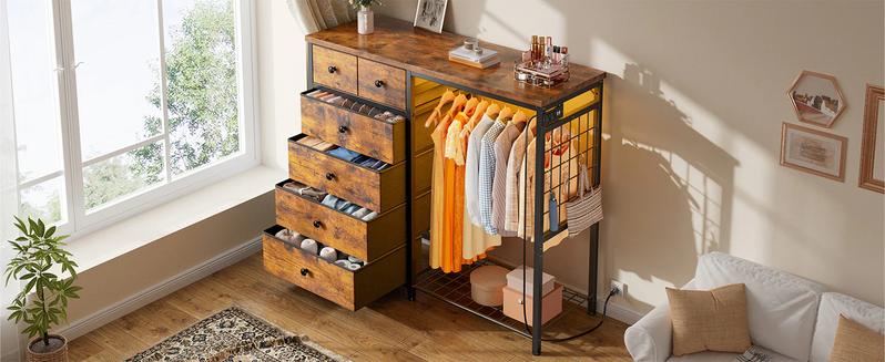 Raybee 49.2"-51.2" White Dresser for Bedroom with Hanging Rack, 6-10 Drawer LED Dresser with Charging Station, Modern Fabric Chest of Drawers with Wooden Top & Grid Panel, Premium Closet Storage Organizer