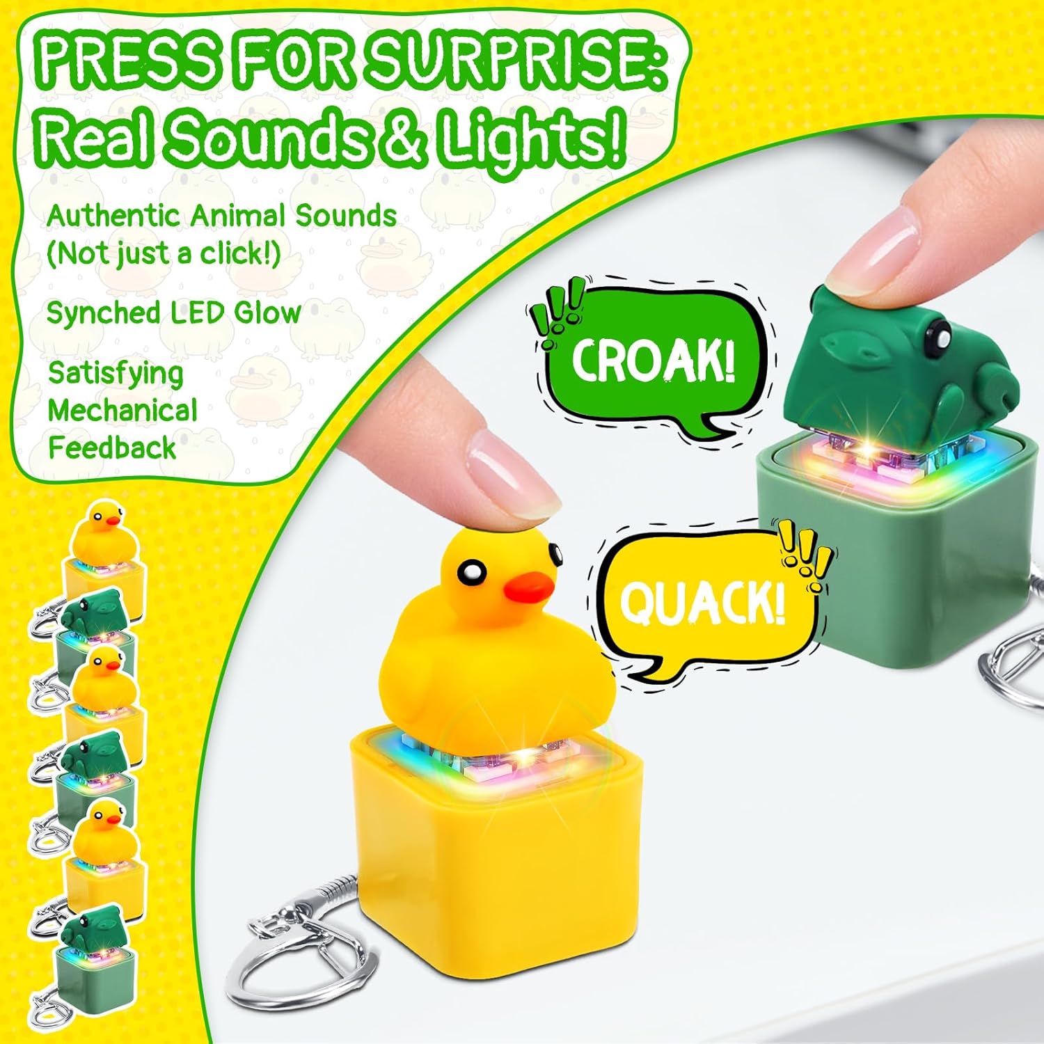 Quacking Duck / Frog/Lizard Keychain Fidget Rechargeable Keyboard Keycaps that Quack Fidget Keychains Fun & Portable Stress Anxiety Reliever Sensory with Colorful Lights Easter Basket Stuffers