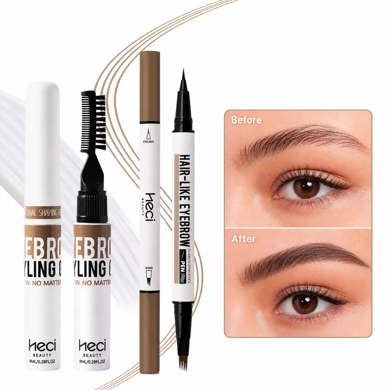 HECI BEAUTY BROW GEL&LINER GLAM SET,Crazy Lift Brow gel&Hair-Like Brow and eyeliner pen,Essential Eyebrow Makeup Set