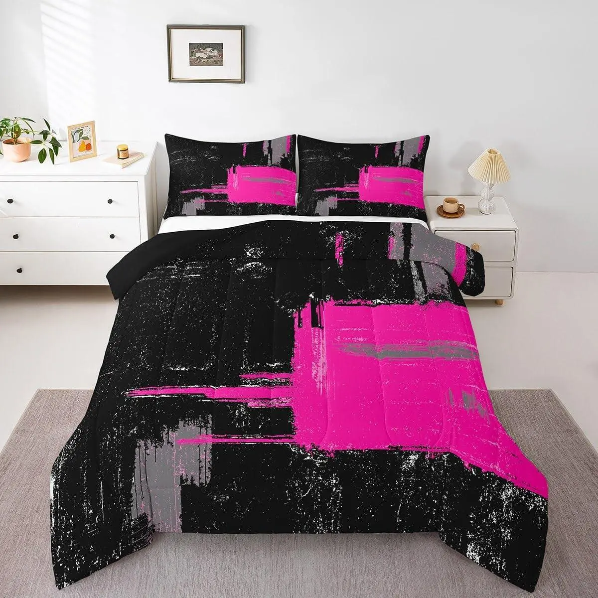 Black Hot Pink Comforter Geometric Comforter Set Abstract Bedding Set Room Decor Modern Art Duvet Set