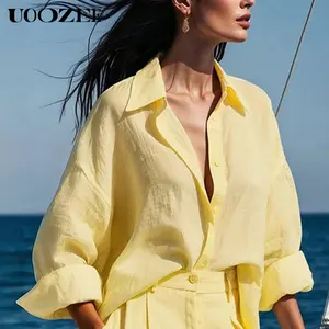 UOOZEE Women's Solid Color Basic Breathable Blouse - Chic, Comfortable, Loose-Fitting Long-Sleeved Lapel Collared Button-Up Thin Minimalist Casual Style Shirt