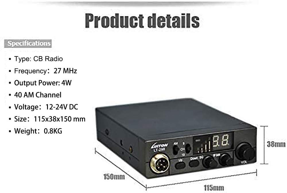 LUITON 40-Channel CB Radio LT-298 Compact Design with External Speaker Jack, Large Easy to Read LED Display Compatible with 12-24V Voltage