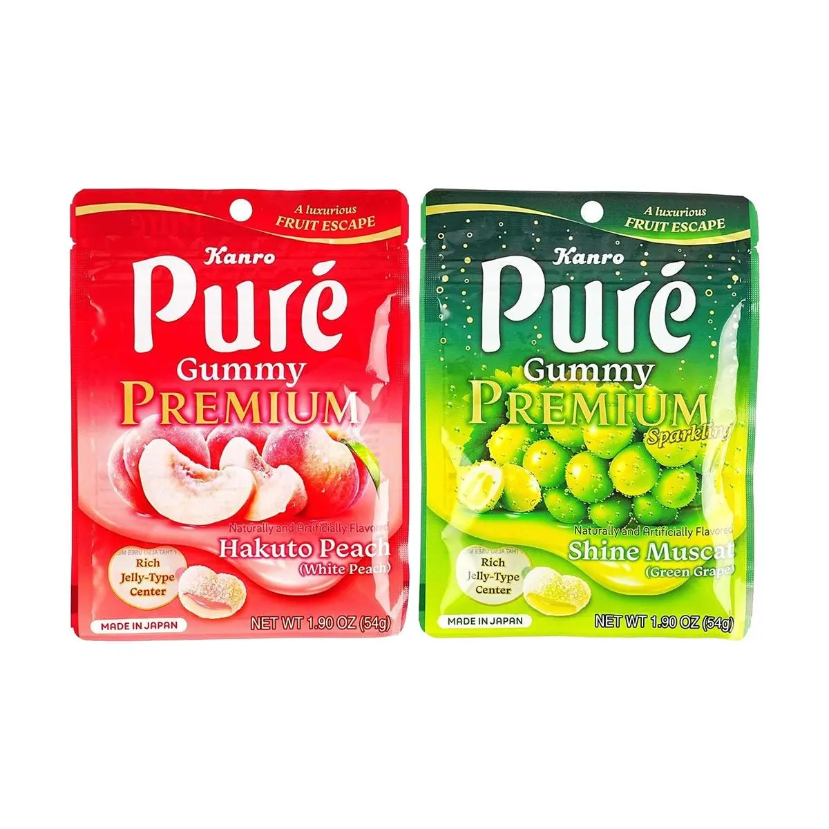 Kanro Pure Gummy Candy Assortment - Sunshine Muscat Grape Soda & White Peach Flavors (2 Bags, 54g Each) - Sour & Sweet, Chewy Japanese Snacks