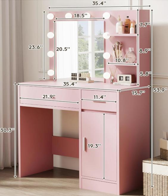 WeCharmer Vanity Desk Set with Round Mirror, Vanity with Lights, Makeup Vanity with Mirror, 3 Lighting Modes, for Bedroom Furniture Table Storage Drawer Modern Design Organizing