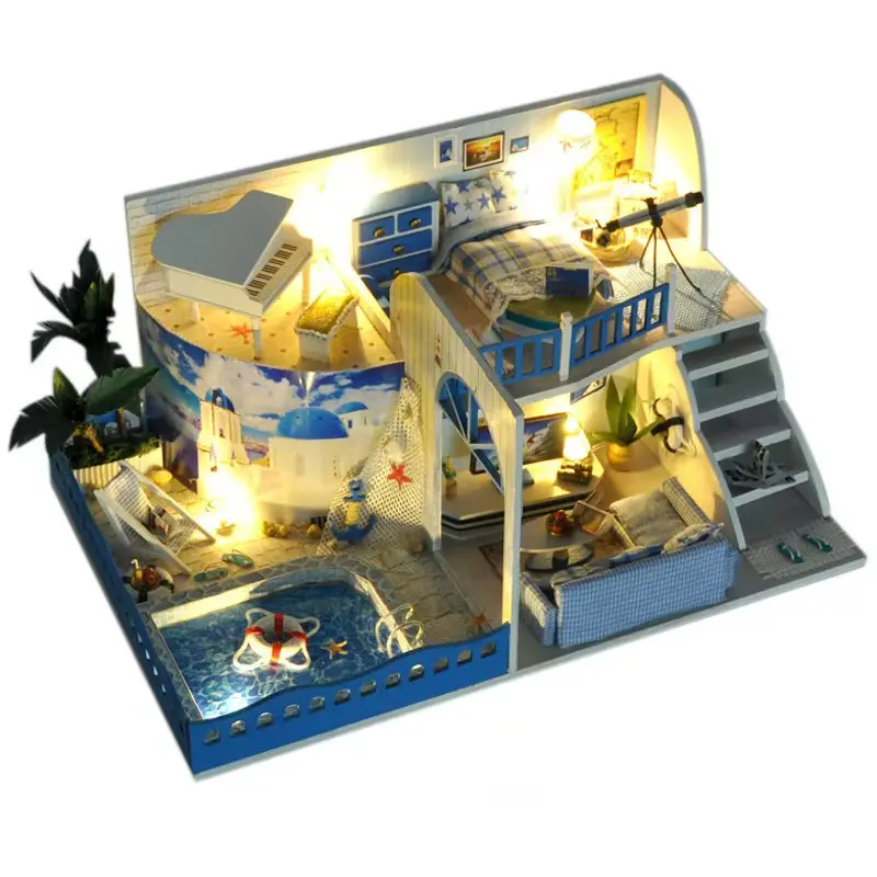 DIY Miniature Dollhouse Kit - Santorini Romantic Blue Villa, Mediterranean Style Screen-Free Diorama Kits with LED Lights, Dust Cover