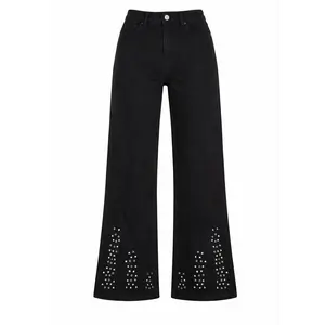 Black Wide-Leg Jeans with Rhinestone Detail