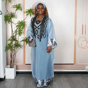African Women's Embroidery Organza maxi Bubu Dress 2026 Light blue Plus Size Rhinestone African Style Gown 3 Pieces Ladies Clothes for All Seasons wedding guest valentine's day vacation goddess
