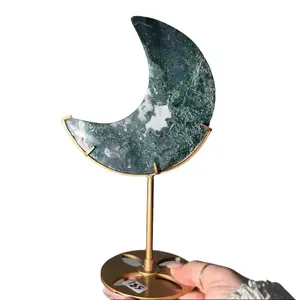 Moss Agate Moon on Stand - Sapphire & Sage Energy Earthy Greens