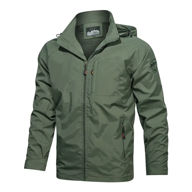 Men's Hooded Tactical Jacket - Outdoor Clothing with Multiple Zipper Pockets, Emblem Detail for Hiking, Camping, Fitted
