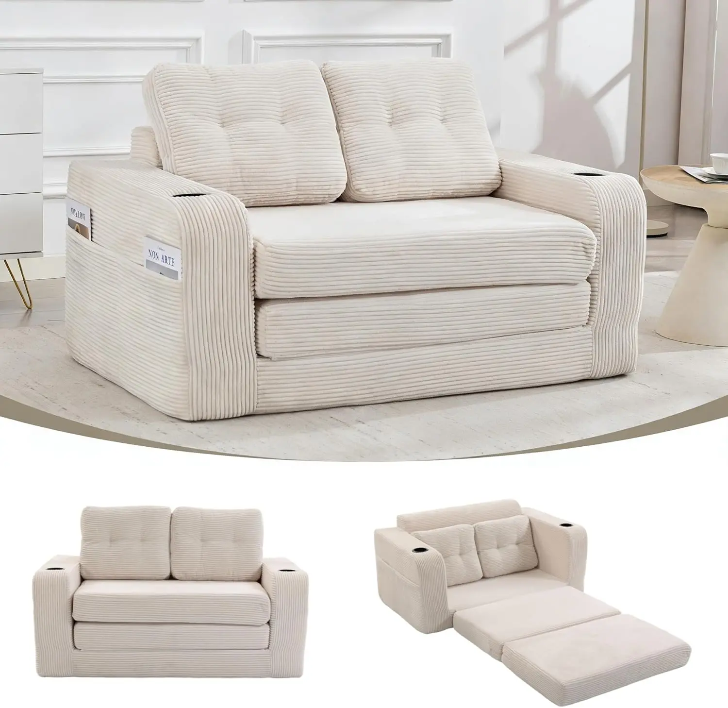 53.5" Convertible Sofa Bed, Loveseat Sleeper Couch, 2-in-1 Boneless Folding Couch Bed with Cup Holder & Pocket, Corduroy Fold Out Floor Couch with Pillows for Living Room, Bedroom, Small Spaces (Beige)