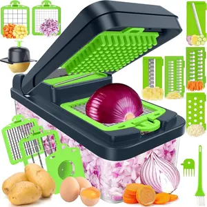 12-in-1 Vegetable Chopper with 7 Stainless Steel Blades – Multi-Function Food Chopper, Onion Dicer, Cucumber Slicer, Mandoline Kitchen Gadget with Container, Egg Separator & Finger Guard momma cookie veggie chopper