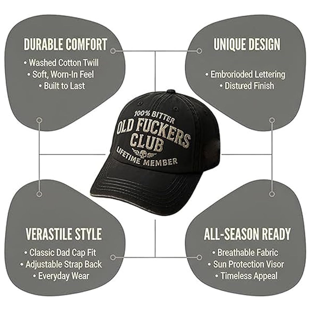 100% Bitter Old F*kers Club Vintage Cap Embroidery Adjustable Wash Lifetime Member Hat Unisex Casual Trendy Outdoor Cap Premium Cotton Material Rugged Everyday Style