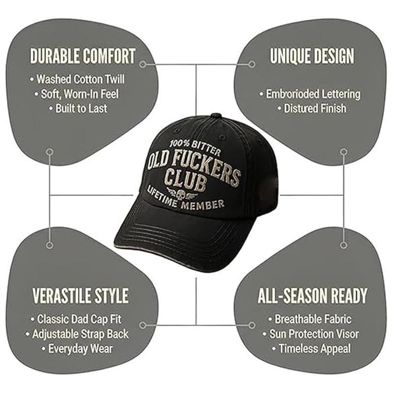 100% Bitter Old F*kers Club Vintage Cap Embroidery Adjustable Wash Lifetime Member Hat Unisex Casual Trendy Outdoor Cap Premium Cotton Material Rugged Everyday Style