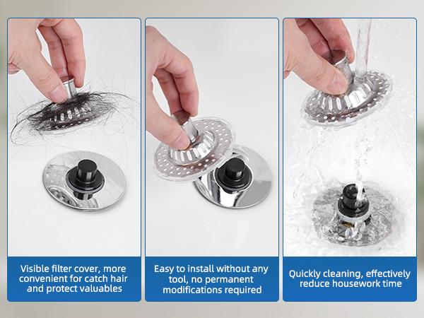 Hibbent Universal Bathroom Sink Drain Strainer Hair Catcher, 3 in 1 Pop-up Brass Metal Bathroom Sink Stopper Fit for Standard 1.1''~2.36'' Basin Hole, Transparent Edge