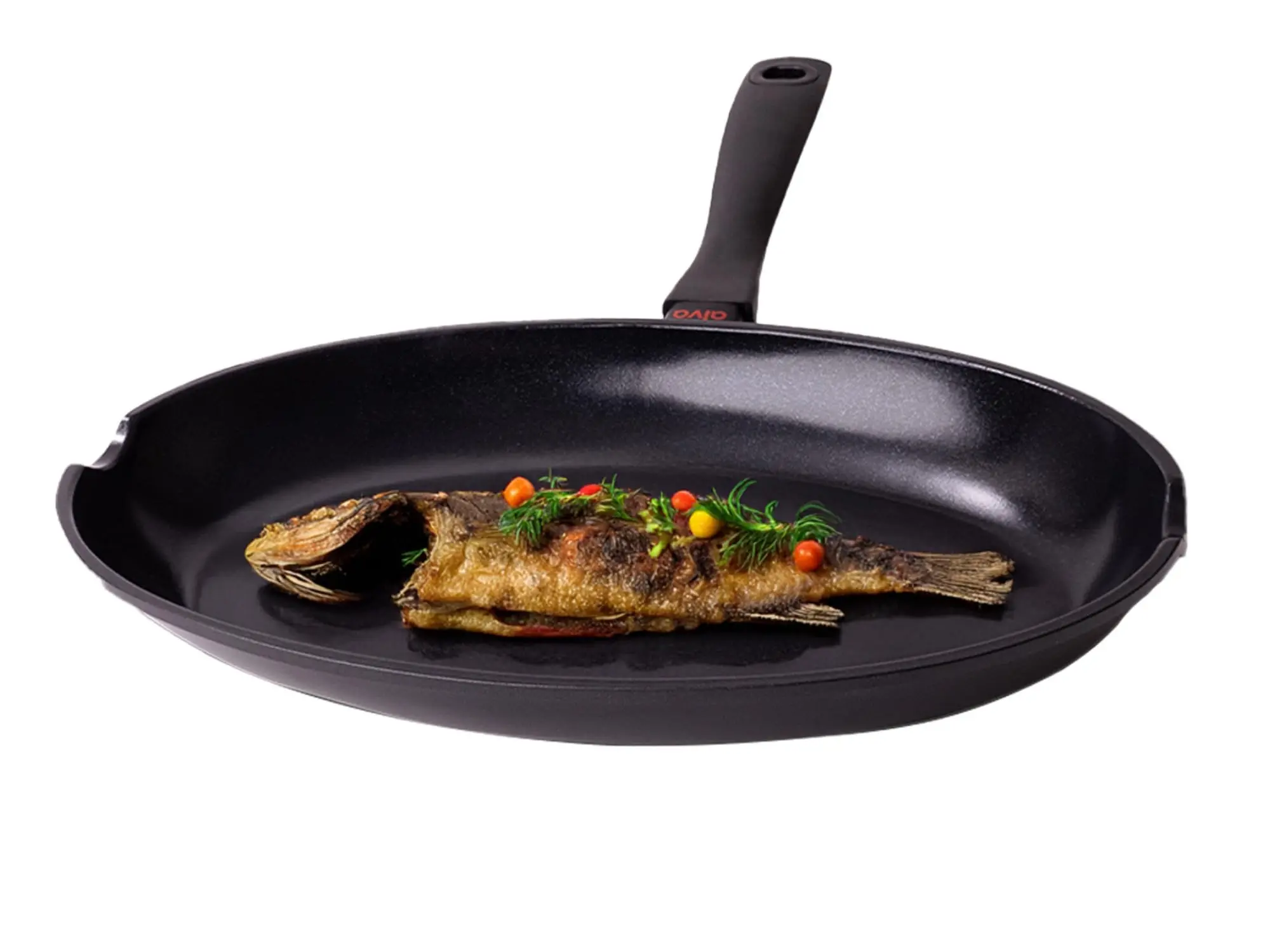 Alva Energy Ceramic Nonstick Oval Whole Fish Pan - 13.7in Aluminium Cookware with Handles, Dual Pouring Spouts, Induction-Stovetop Compatible, 13.4in Width, 13-20in Range Fit, 2.8lbs, 500-1000ml Capacity for Low-Oil Fish Cooking