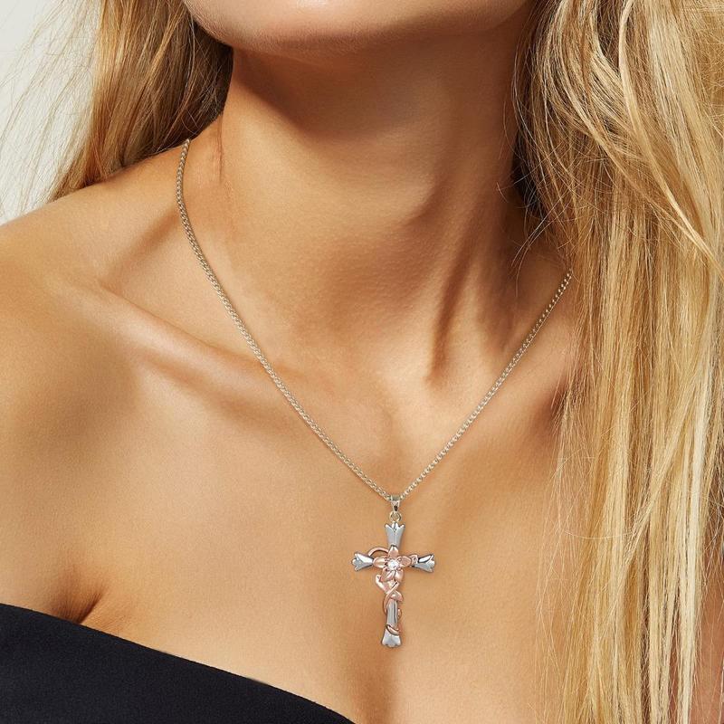 Cross Rose Flower Necklace for Women Elegant Temperament Pendant Necklaces Jewelry for Teen Valentine's Day Birthday Anniversary Gifts for Ladie Wife