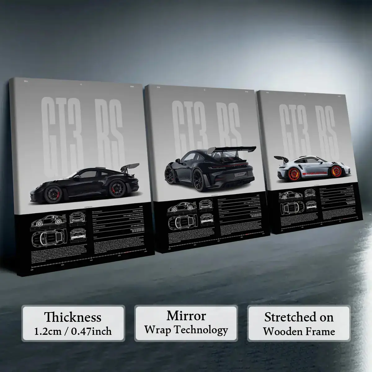 Porsche GT3 RS Canvas Wall Art - 3-Pack Wood Framed Set, Waterproof, Hyper-Realistic Vehicles Posters & Prints, Artistic Minimalist Home Decor, Man Cave & Bedroom Decoration, Gift for Car Enthusiasts, Water Proof, Artwork, Hd Print, Automotive Themed Wall