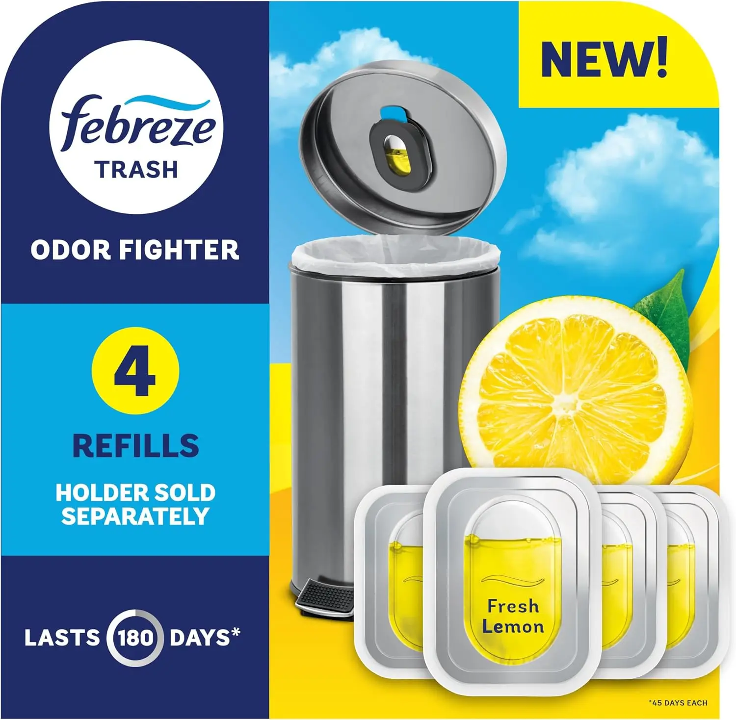 Febreze Trash Odor Fighter, Trash Can Air Freshener, Stick-On Deodorizer for Garbage Cans, Diaper Pails, Works with Scented Trash Bags, Fresh Lemon Scent, 4 Refills (Holder Sold Separately)
