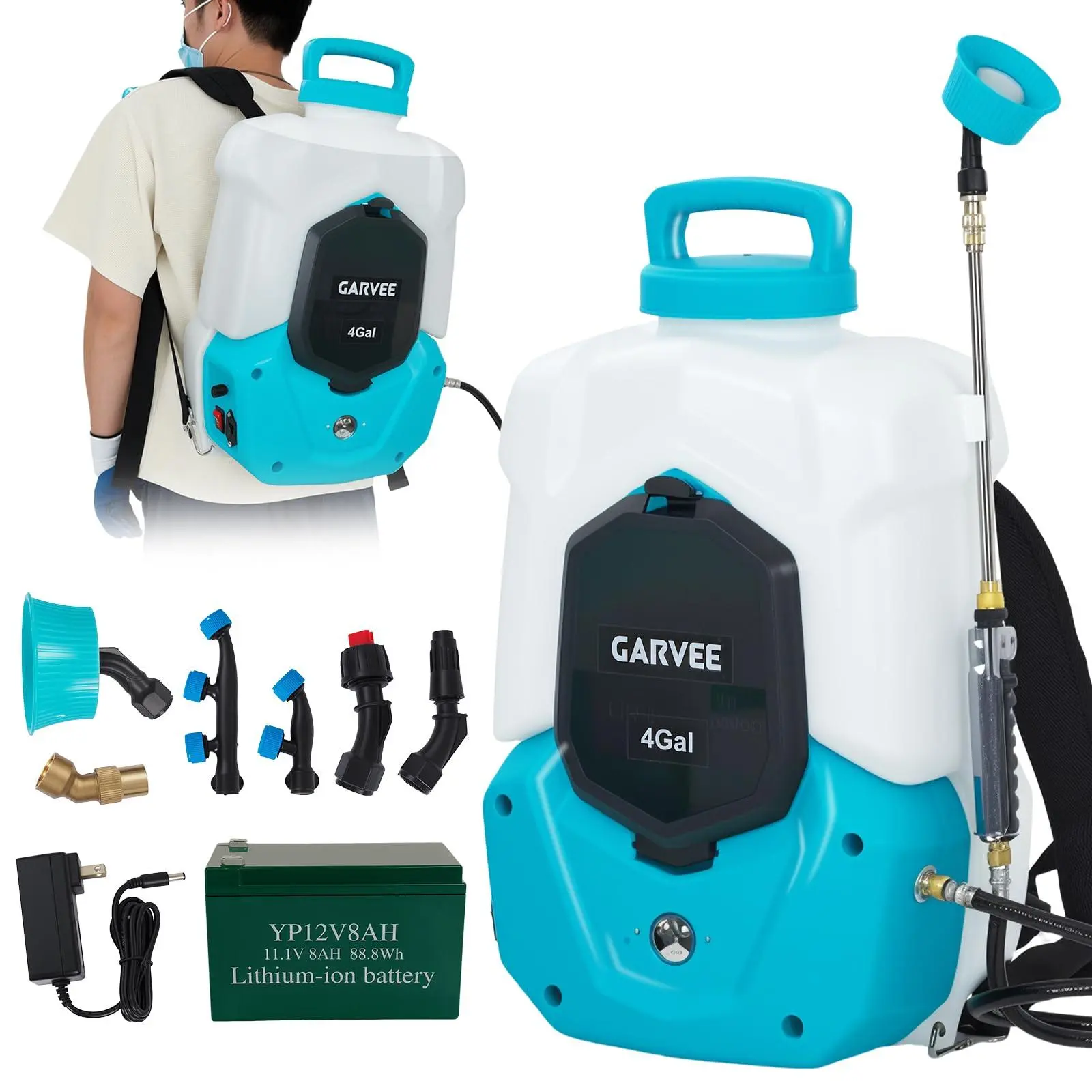 4 Gallons Battery Powered Backpack Sprayer, 12V 8Ah Electric Sprayer with 6 Nozzles & 2 Wands, 4-6 Hour Runtime, 90PSI Adjustable Pressure, Trigger Lock, Yard Sprayers for Lawn and Garden