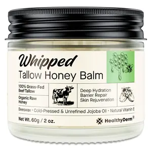 Beef Tallow Honey Balm for Skin: 100% Grass Fed Whipped Organic Moisturizer with Organic Raw Honey, Jojoba Oil, Vitamin E – Natural Face and Body Care for Mature, Dry or Delicate Skin, 4oz