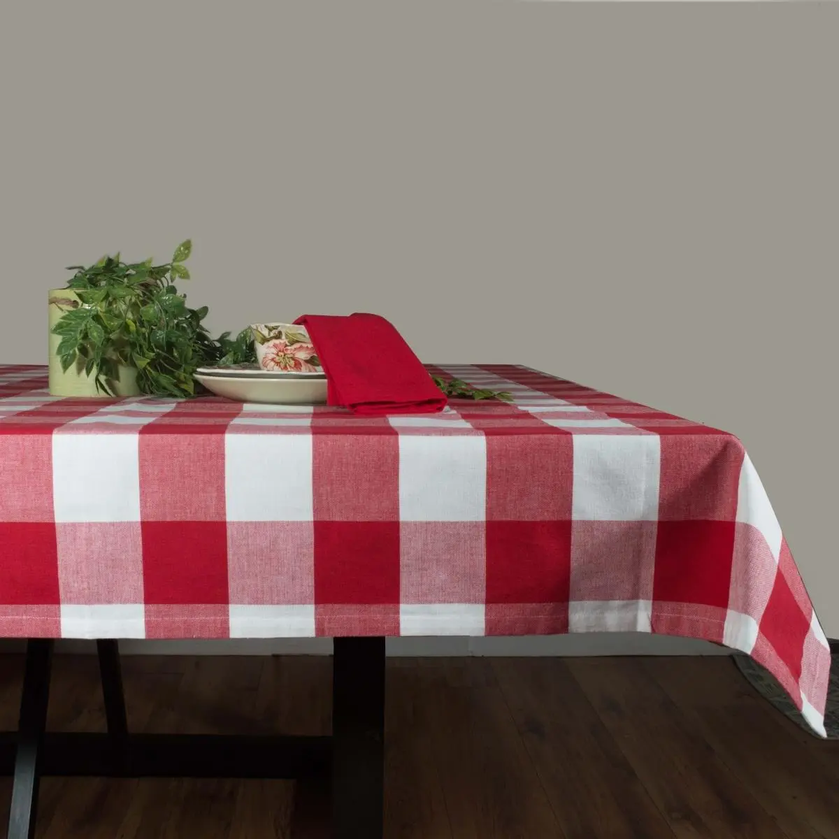Dunroven House 54 In. Rustic Farm Style Plaid Tablecloth, 100% Cotton, Bright Red & White, Hemstitch Border, Oversize Square Tablecloth for Outdoor Tables, Farm Style Tablecloths