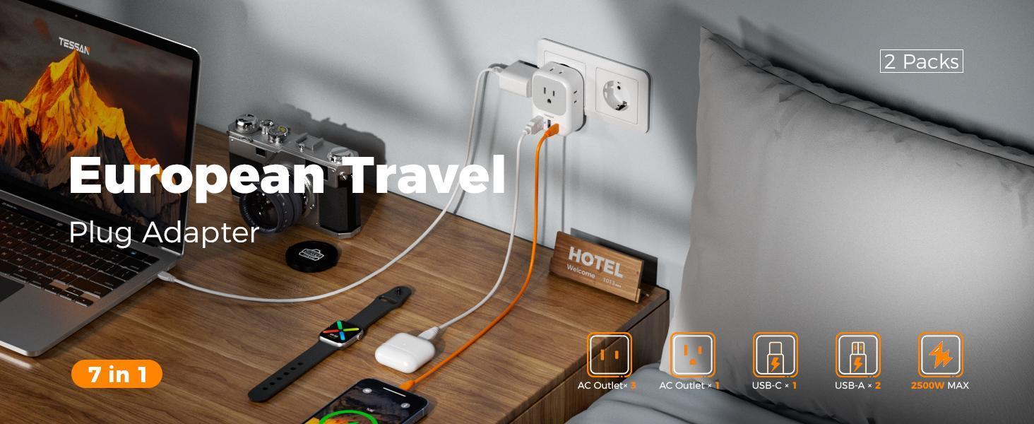 TESSAN 2 Pack European Travel Plug Adapter, Europe Power Converter 4 Outlets 3 USB (1 USB C PD 20W), International Adaptor for Europe, UK, South Africa, Germany, Italy, Japan, Australia & More, Travel Essentials