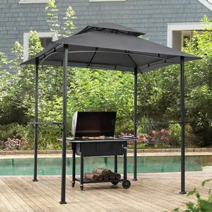 Outdoor Grill Gazebo 8 x 5 Ft, Shelter Tent, Double Tier Soft Top Canopy and Steel Frame with hook and Bar Counters, Grey/Brown /Khaki