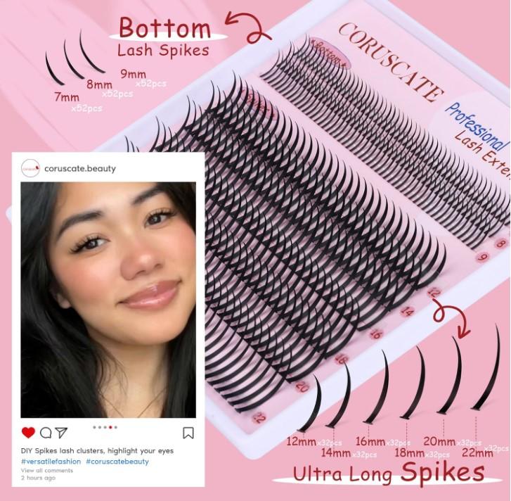 CORUSCATE Lash Clusters with Spikes Ultra Long 12-22mm Lash Spikes 7-9mm Bottom Lashes Supply Cluster Eyelash Extensions For Pros Multi-Eye Lash Styles DIY Eyelashes for Manga/Spiky/Mega Look