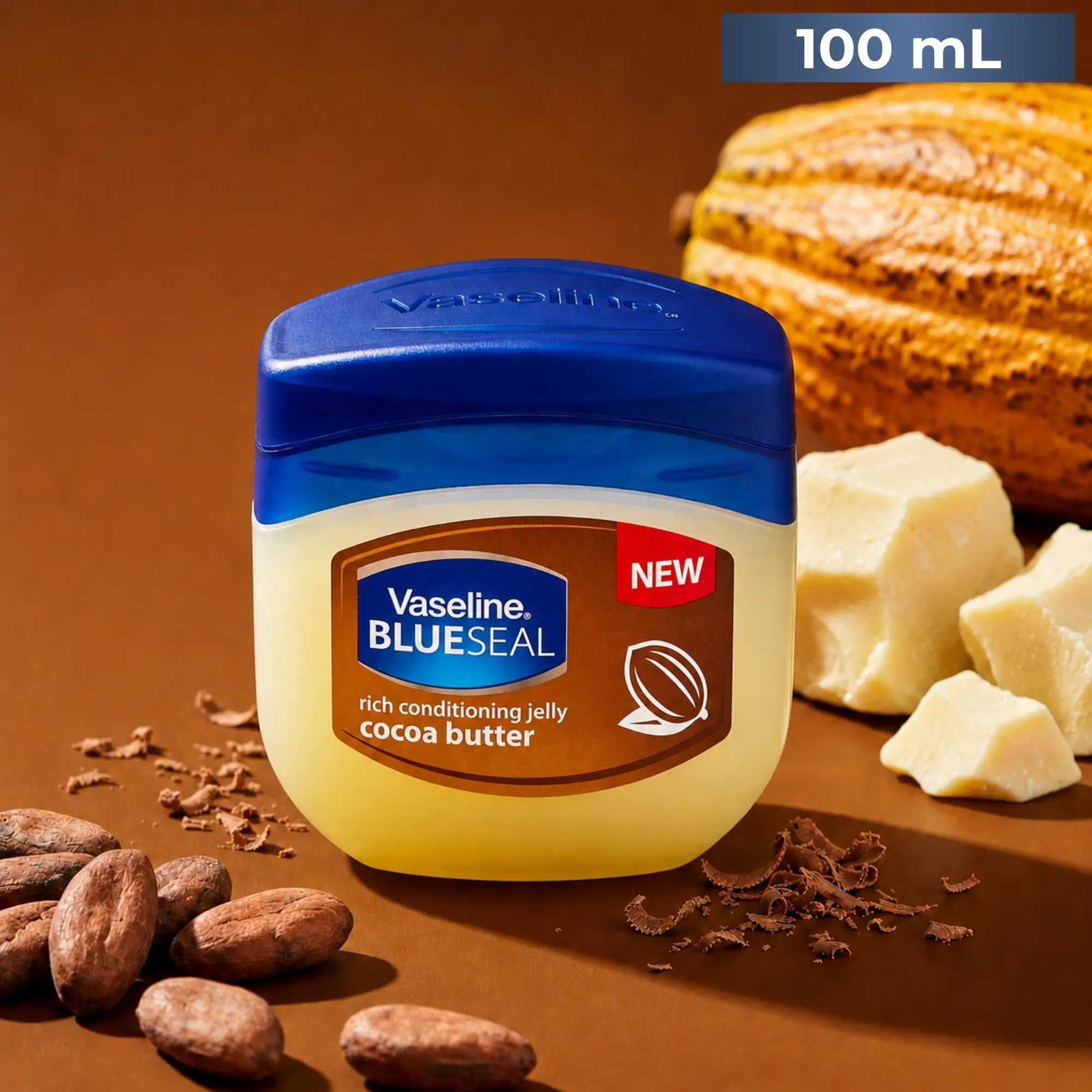 Vaseline Blue Seal Cocoa Butter Petroleum Jelly (100mL/3.4oz) - Rich, Intense Hydration, Jelly Texture, Occlusive Barrier, Gentle Lightweight Body Moisturizer for All Skin Types, Head-to-Toe Daily Spot Treatment