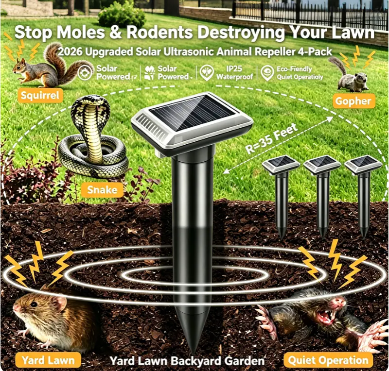 Solar Ultrasonic Animal Repeller  Sunlight Powered, IP65 Pest Control Solutions, Repels Moles, Gophers, Voles, Snakes, Rodents for   YardLawnBackyard  4-Pack 2026 Upgraded, Solar Panels, 4‑Pack Coverage